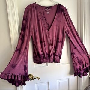 American Eagle Women’s Soft & Sexy Bell Sleeve Top Small Purple Plum Boho Blouse